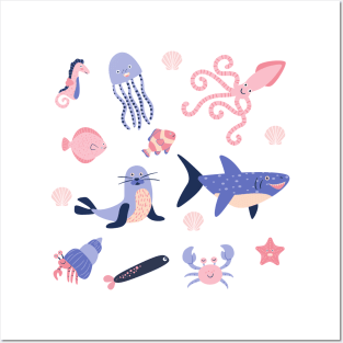 Cute sea animals underwater shark octopus seahorse happy and adorable Posters and Art